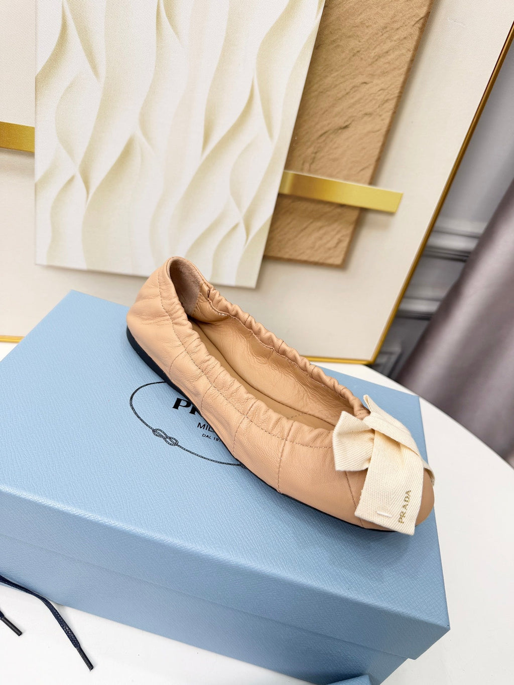 Prada 26s Bow Ballet Flats Beige White Sheepskin 624086
