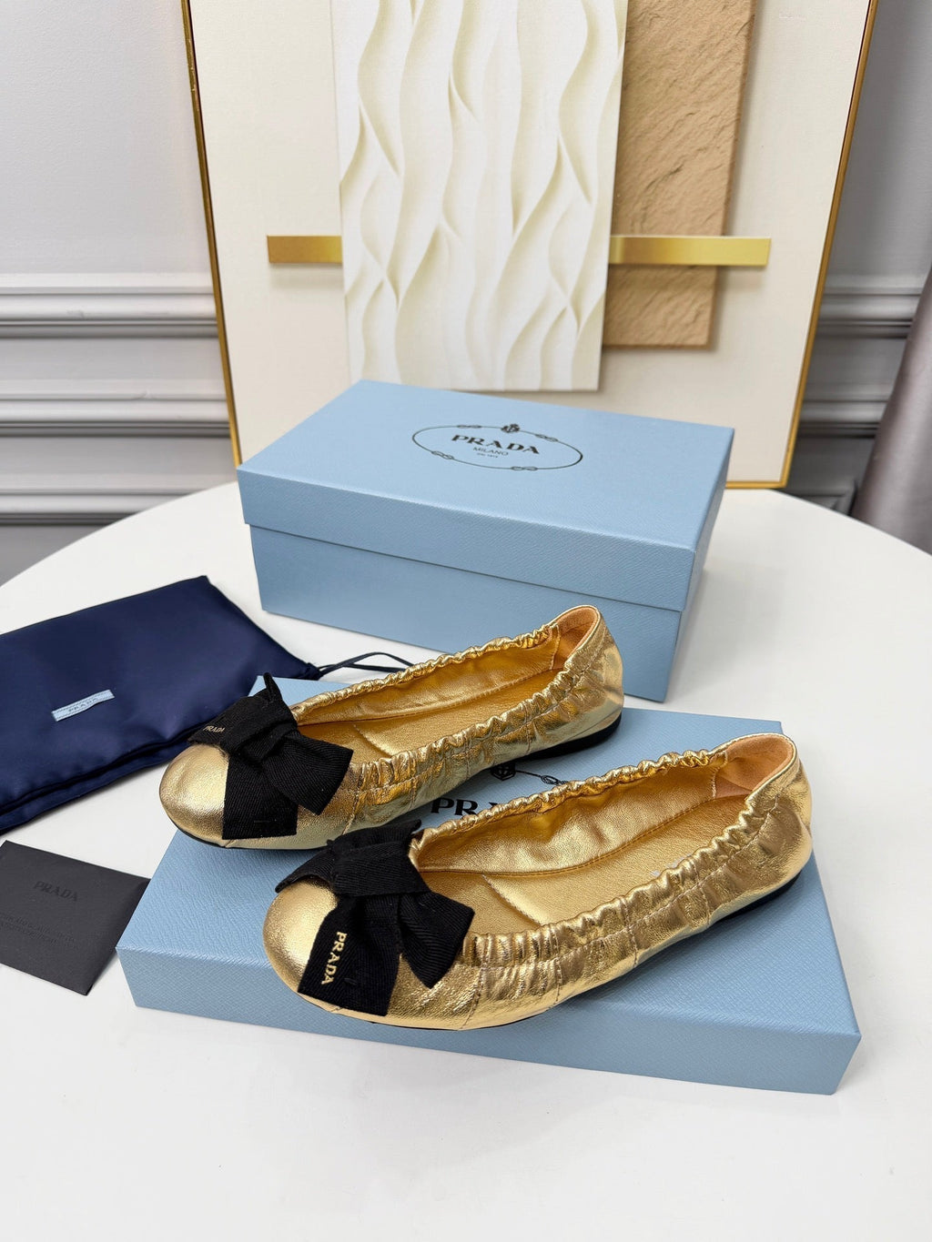 Prada 26s Bow Ballet Flats Gold Metalic Leather 624084