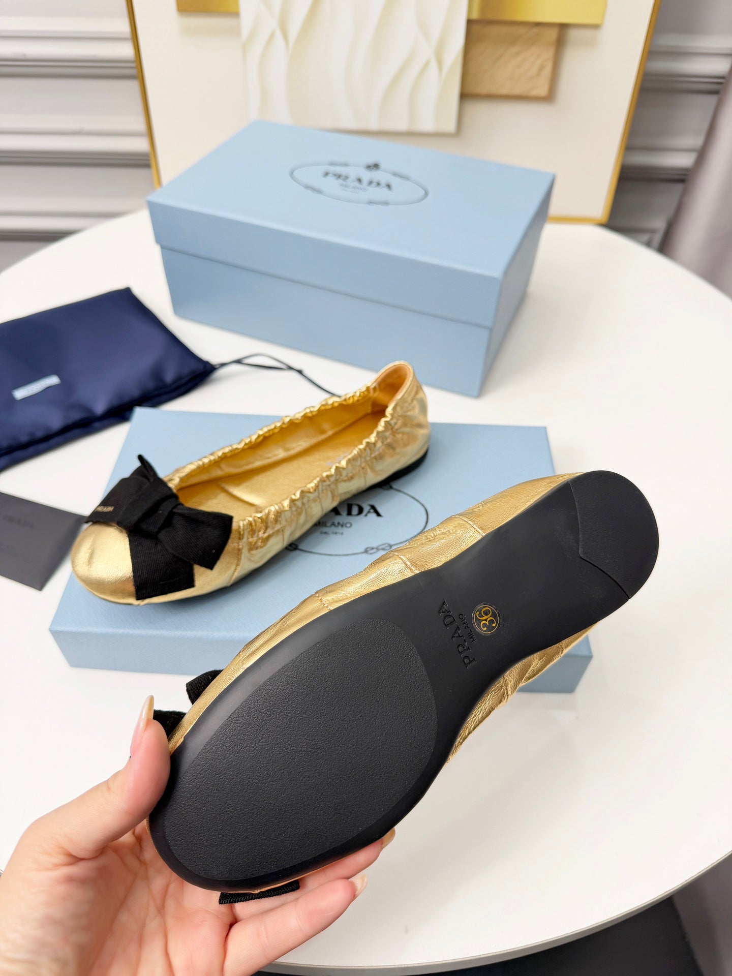 Prada 26s Bow Ballet Flats Gold Metalic Leather 624084