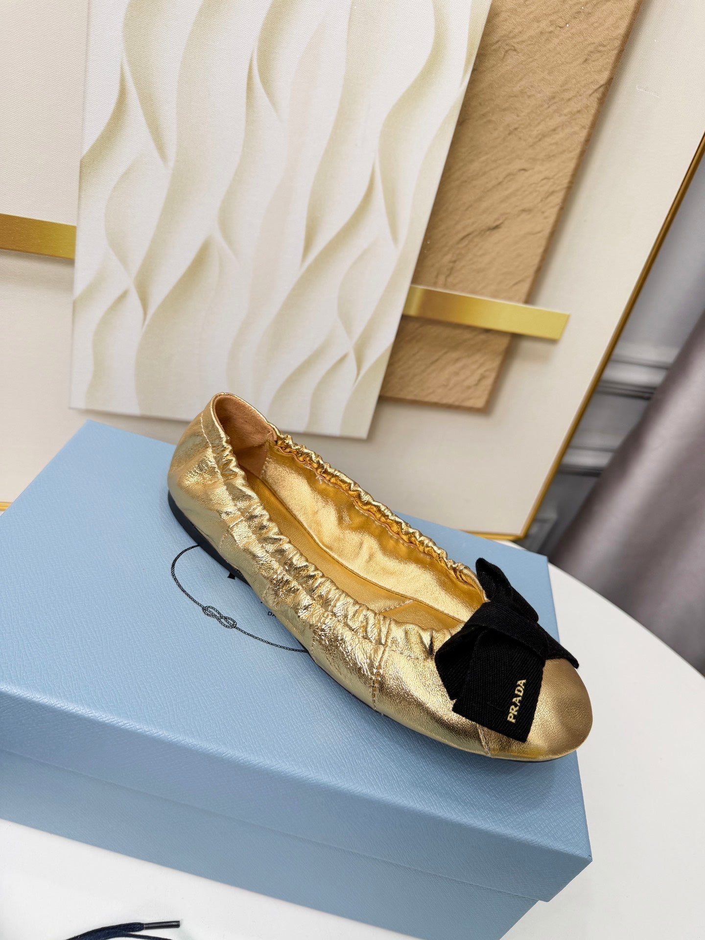Prada 26s Bow Ballet Flats Gold Metalic Leather 624084