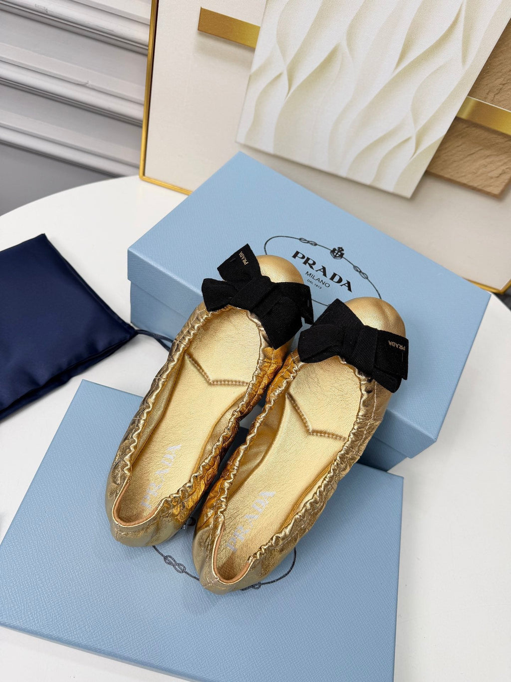 Prada 26s Bow Ballet Flats Gold Metalic Leather 624084