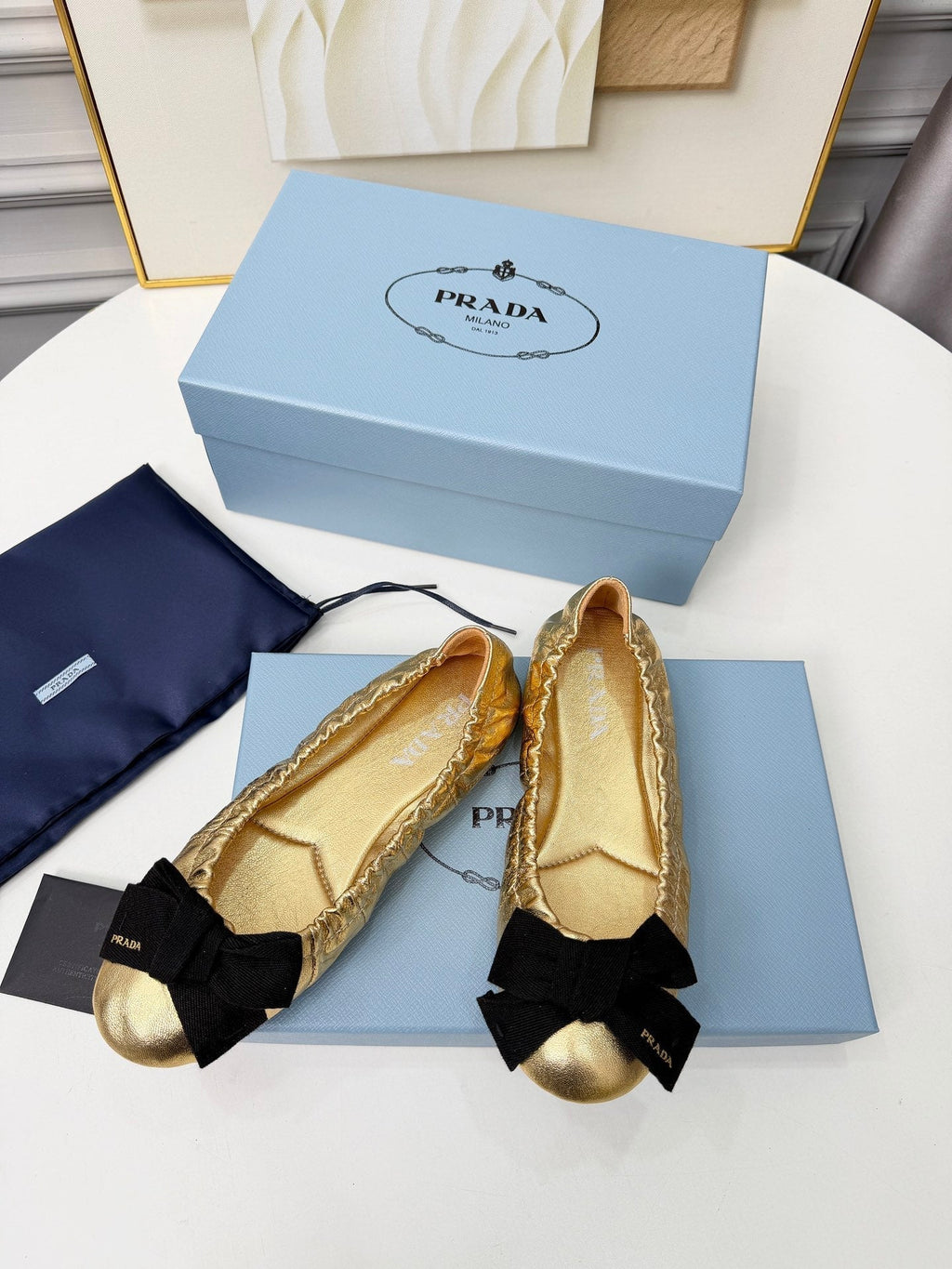 Prada 26s Bow Ballet Flats Gold Metalic Leather 624084