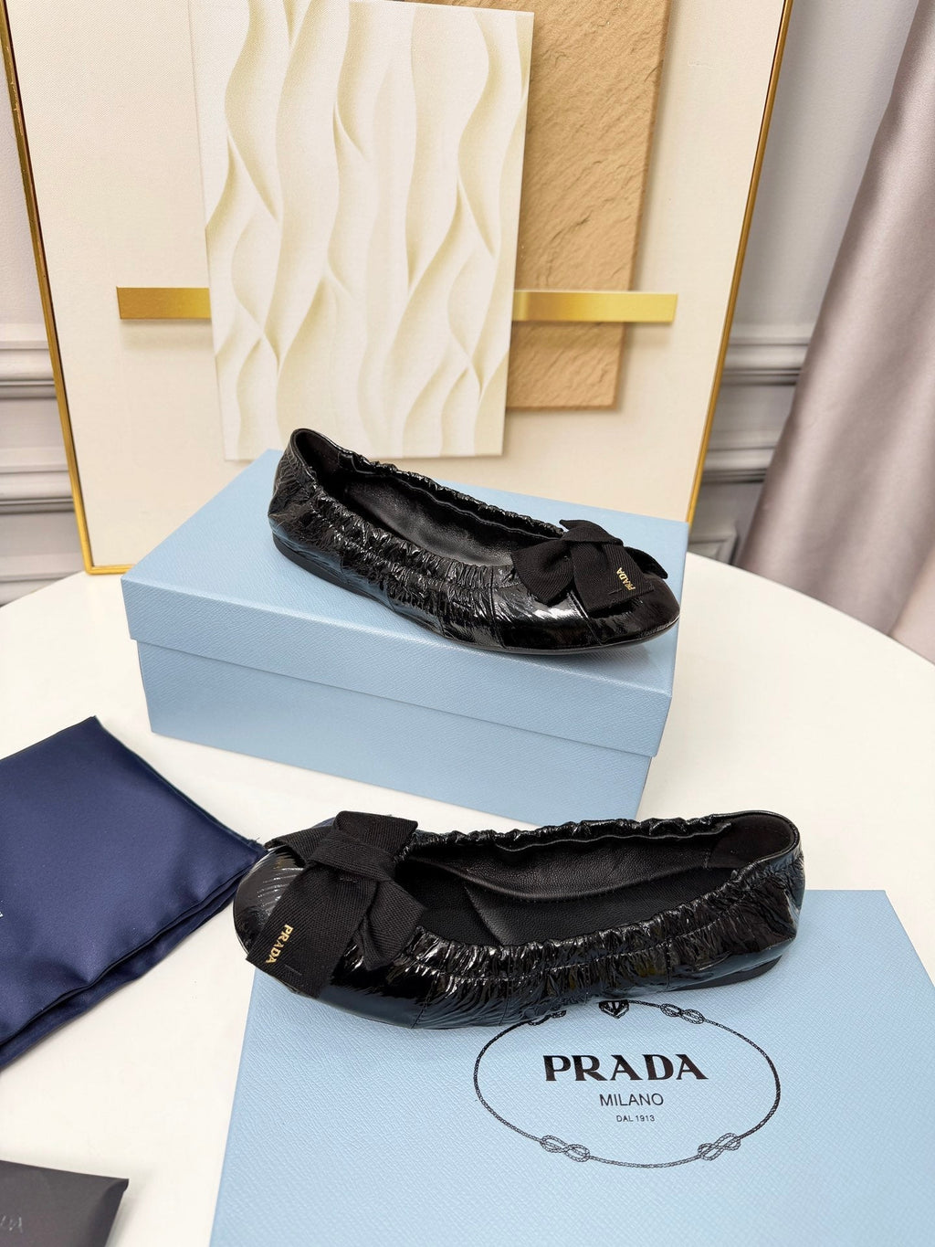 Prada 26s Bow Ballet Flats Black Glossy Leather 624083