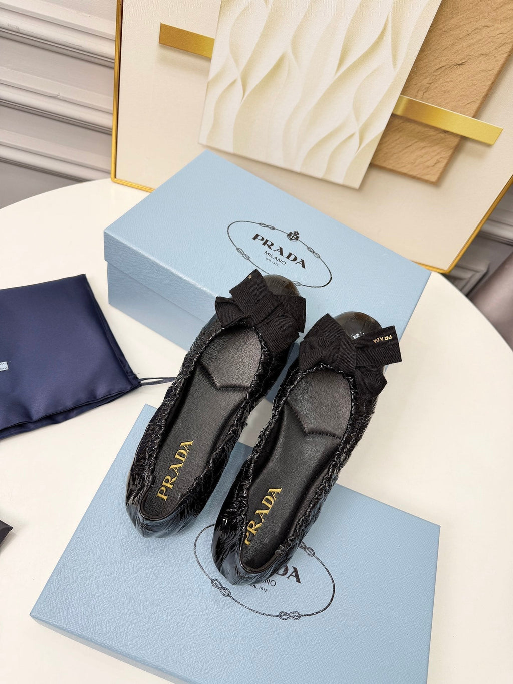 Prada 26s Bow Ballet Flats Black Glossy Leather 624083