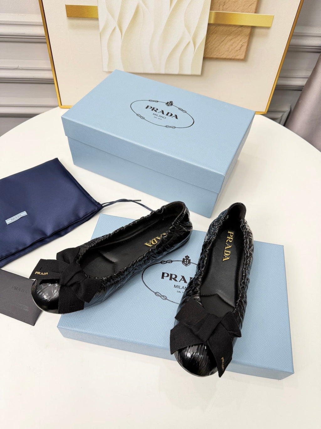 Prada 26s Bow Ballet Flats Black Glossy Leather 624083