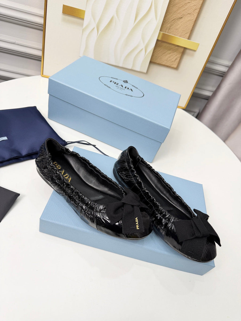 Prada 26s Bow Ballet Flats Black Glossy Leather 624083