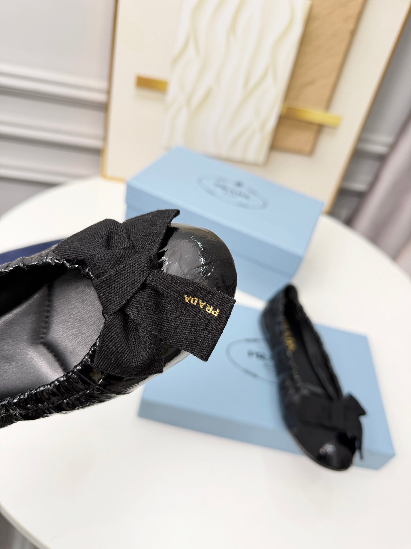 Prada 26s Bow Ballet Flats Black Glossy Leather 624083