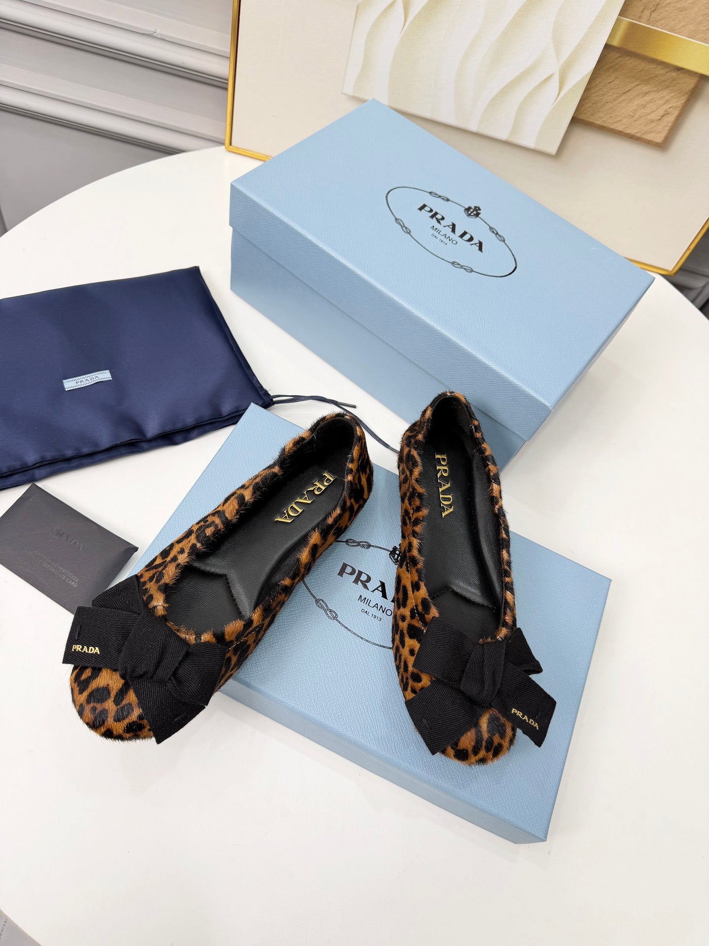 Prada 26s Bow Ballet Flats Leopard Horse Hair 624085