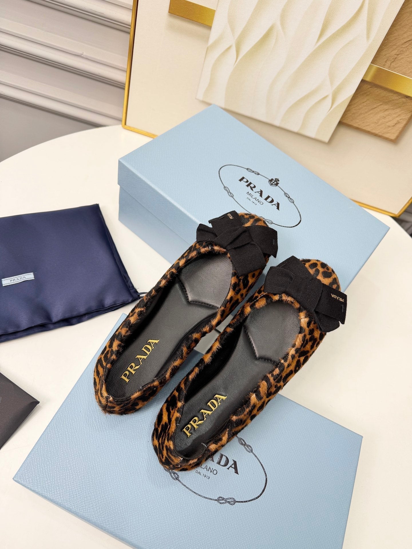 Prada 26s Bow Ballet Flats Leopard Horse Hair 624085