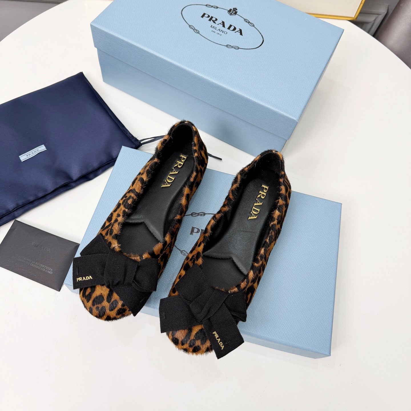 Prada 26s Bow Ballet Flats Leopard Horse Hair 624085