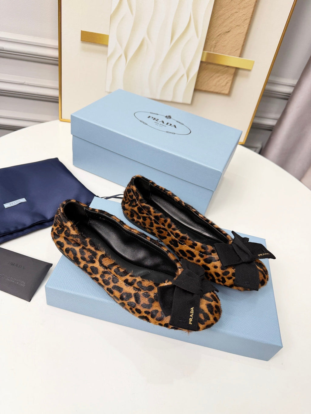 Prada 26s Bow Ballet Flats Leopard Horse Hair 624085