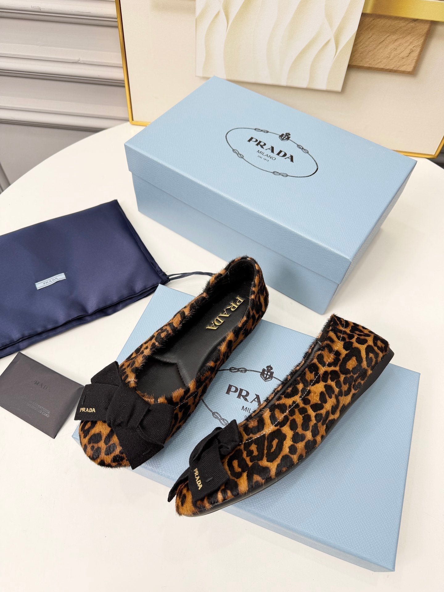 Prada 26s Bow Ballet Flats Leopard Horse Hair 624085