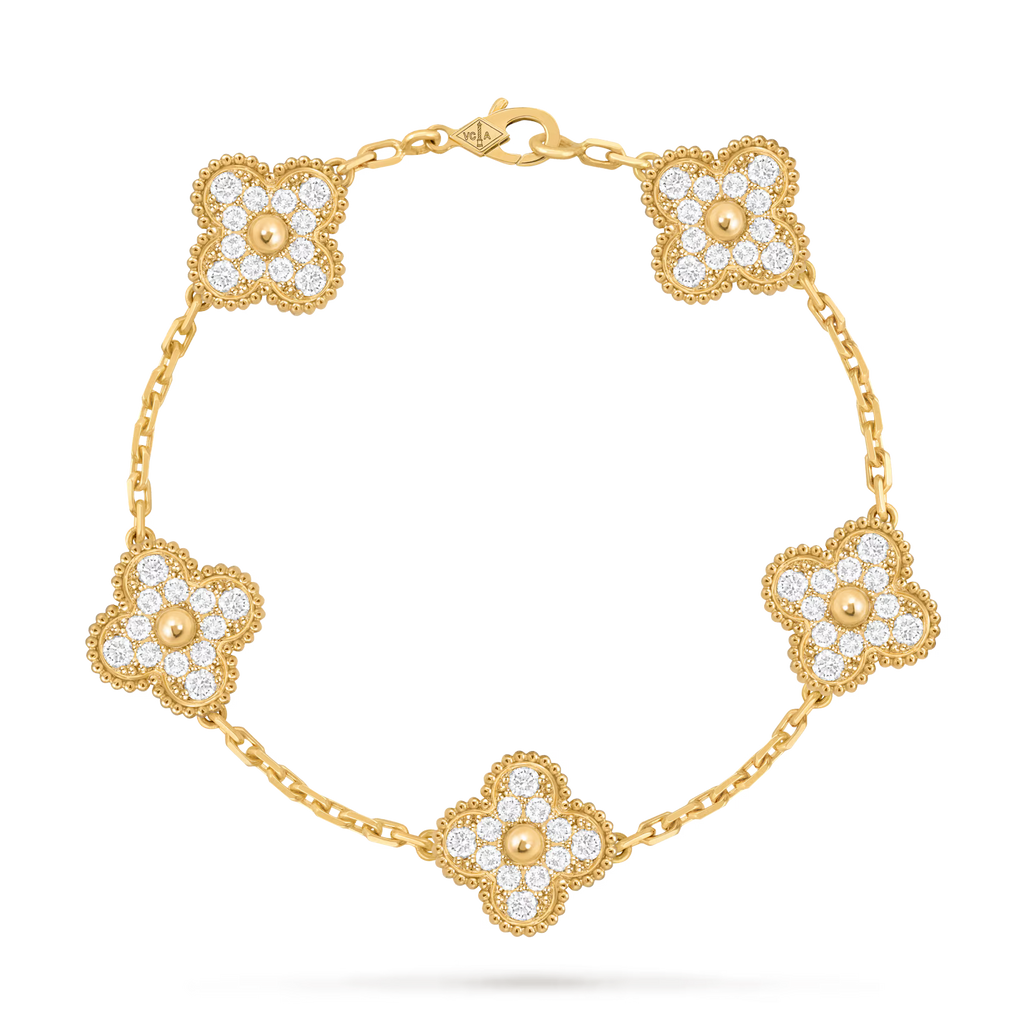Vintage Alhambra bracelet, 5 motifs, yellow gold, round diamonds