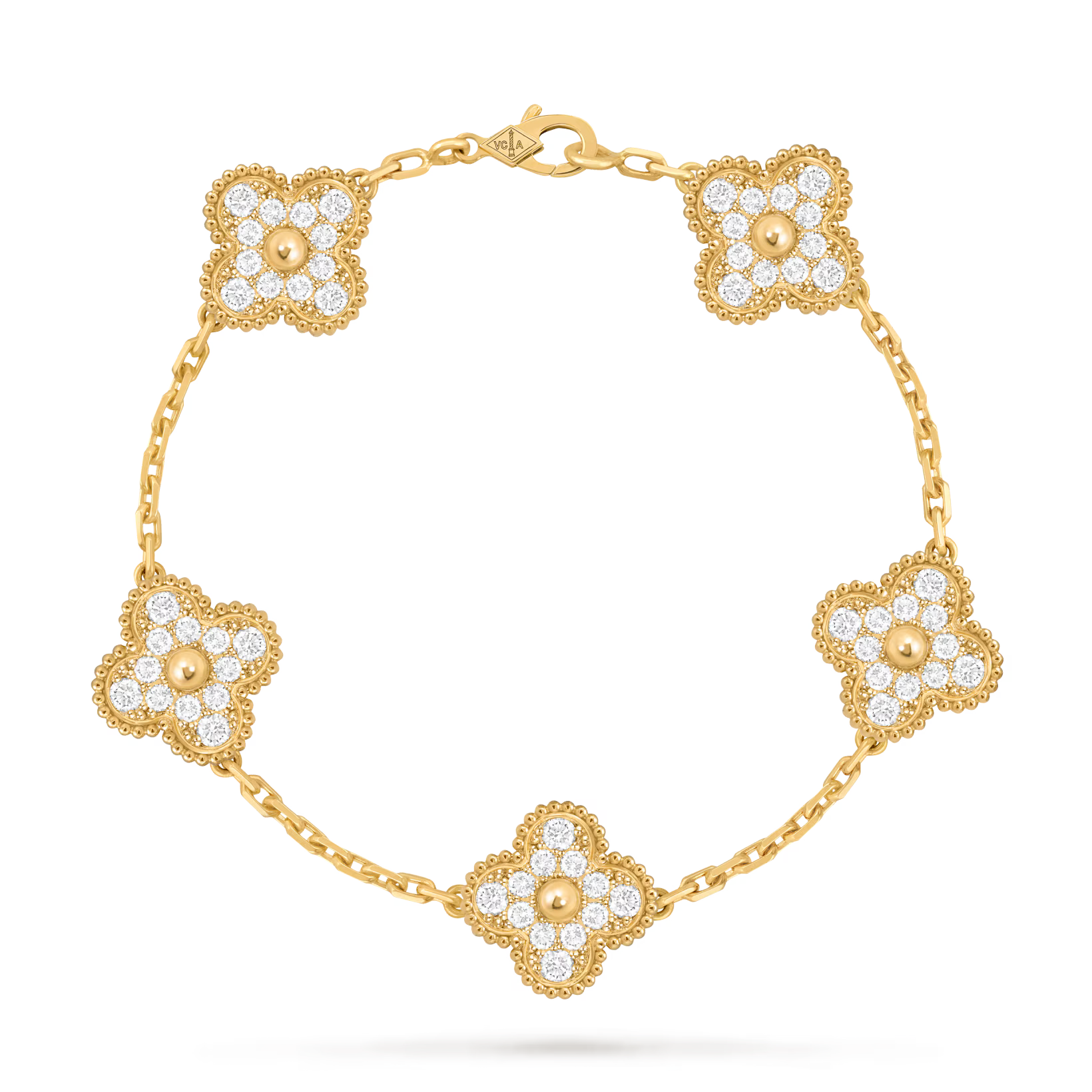 Vintage Alhambra bracelet, 5 motifs, yellow gold, round diamonds