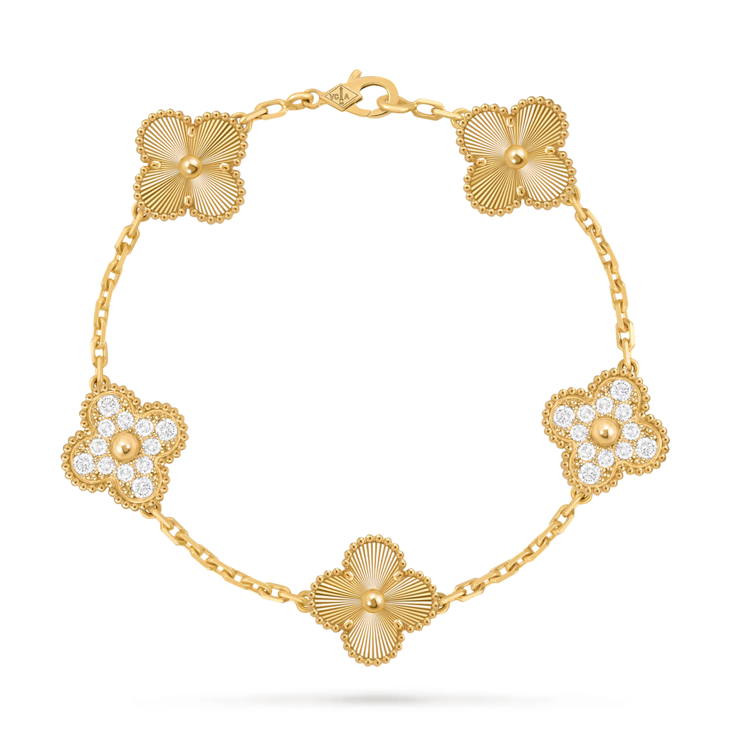 Vintage Alhambra bracelet, 5 motifs, guilloché, round diamonds