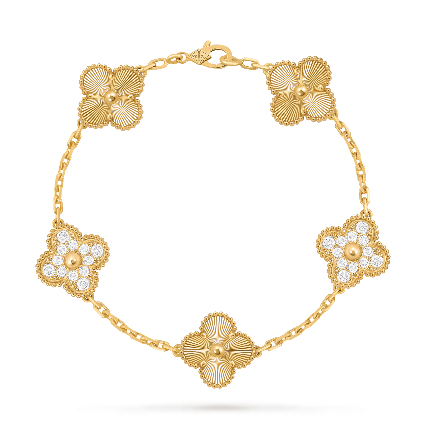 Vintage Alhambra bracelet, 5 motifs, guilloché, round diamonds