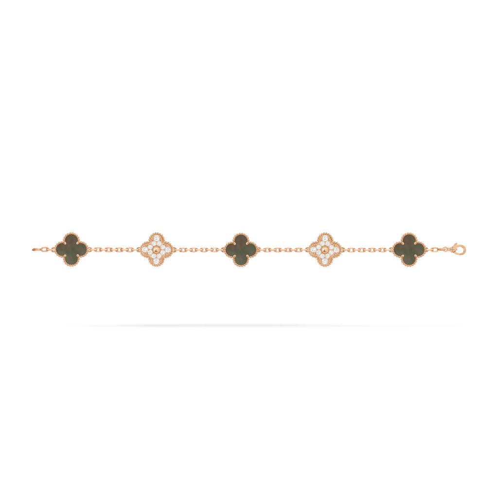 Vintage Alhambra bracelet, 5 motifs, gray mother-of-pearl, round diamonds