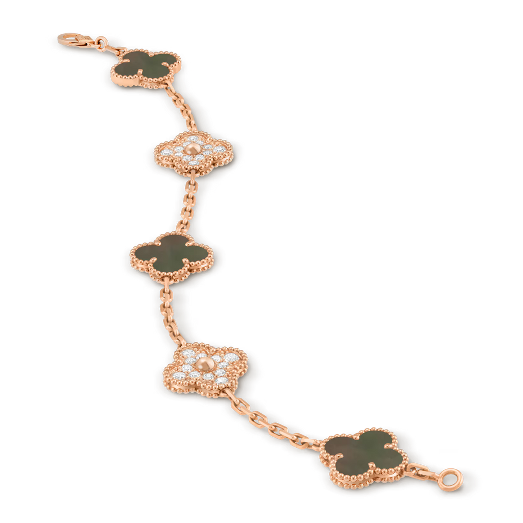 Vintage Alhambra bracelet, 5 motifs, gray mother-of-pearl, round diamonds
