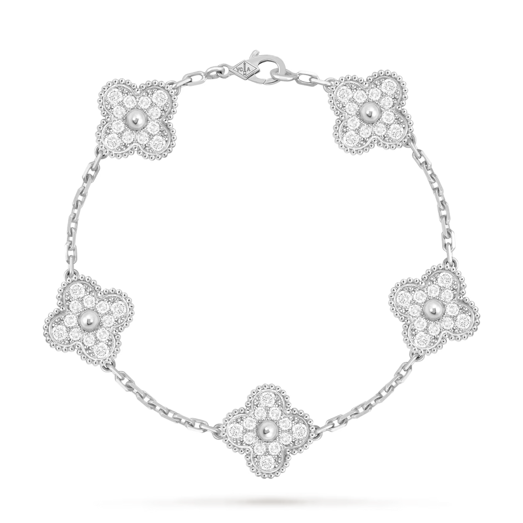 Vintage Alhambra bracelet, 5 motifs, rhodium plated, round diamonds