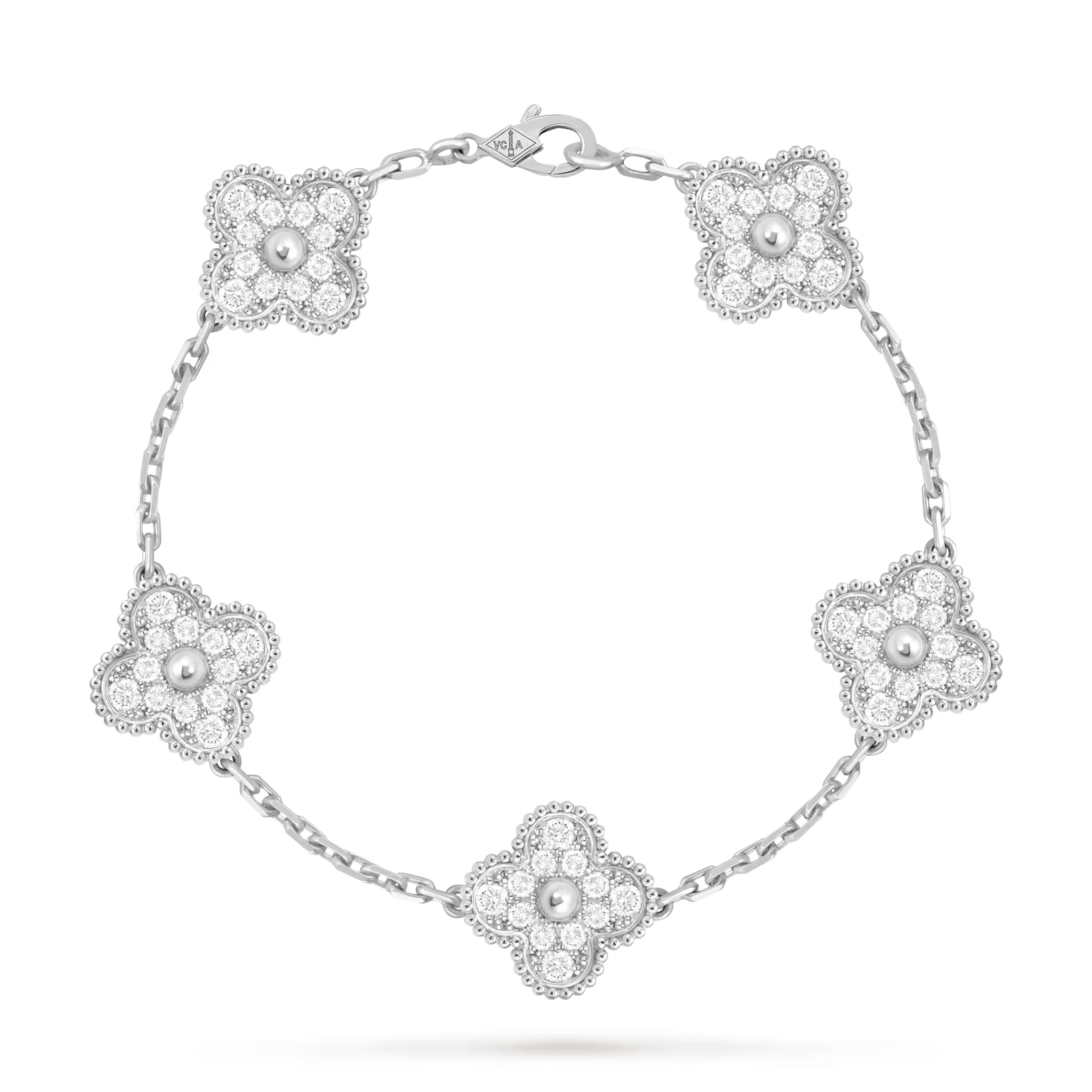 Vintage Alhambra bracelet, 5 motifs, rhodium plated, round diamonds