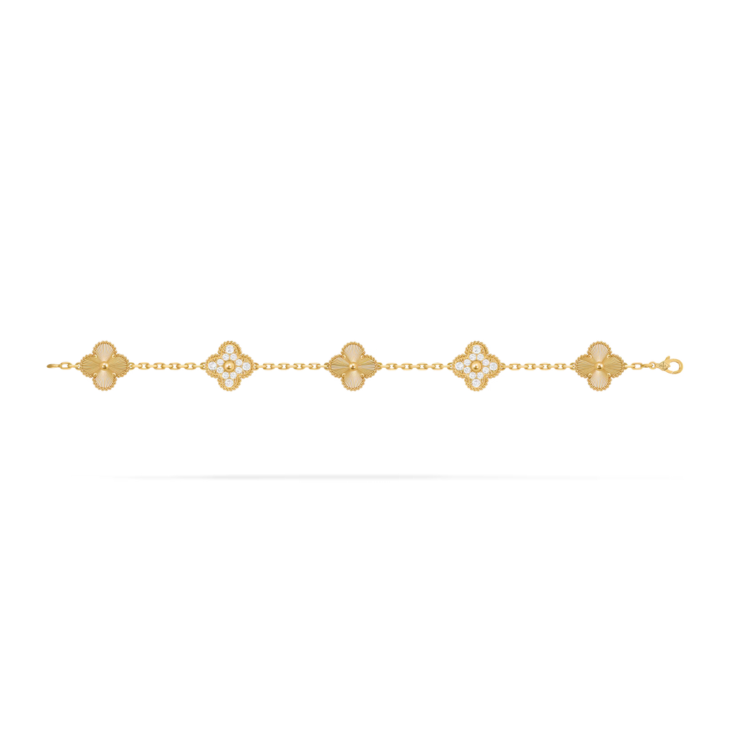 Vintage Alhambra bracelet, 5 motifs, guilloché, round diamonds