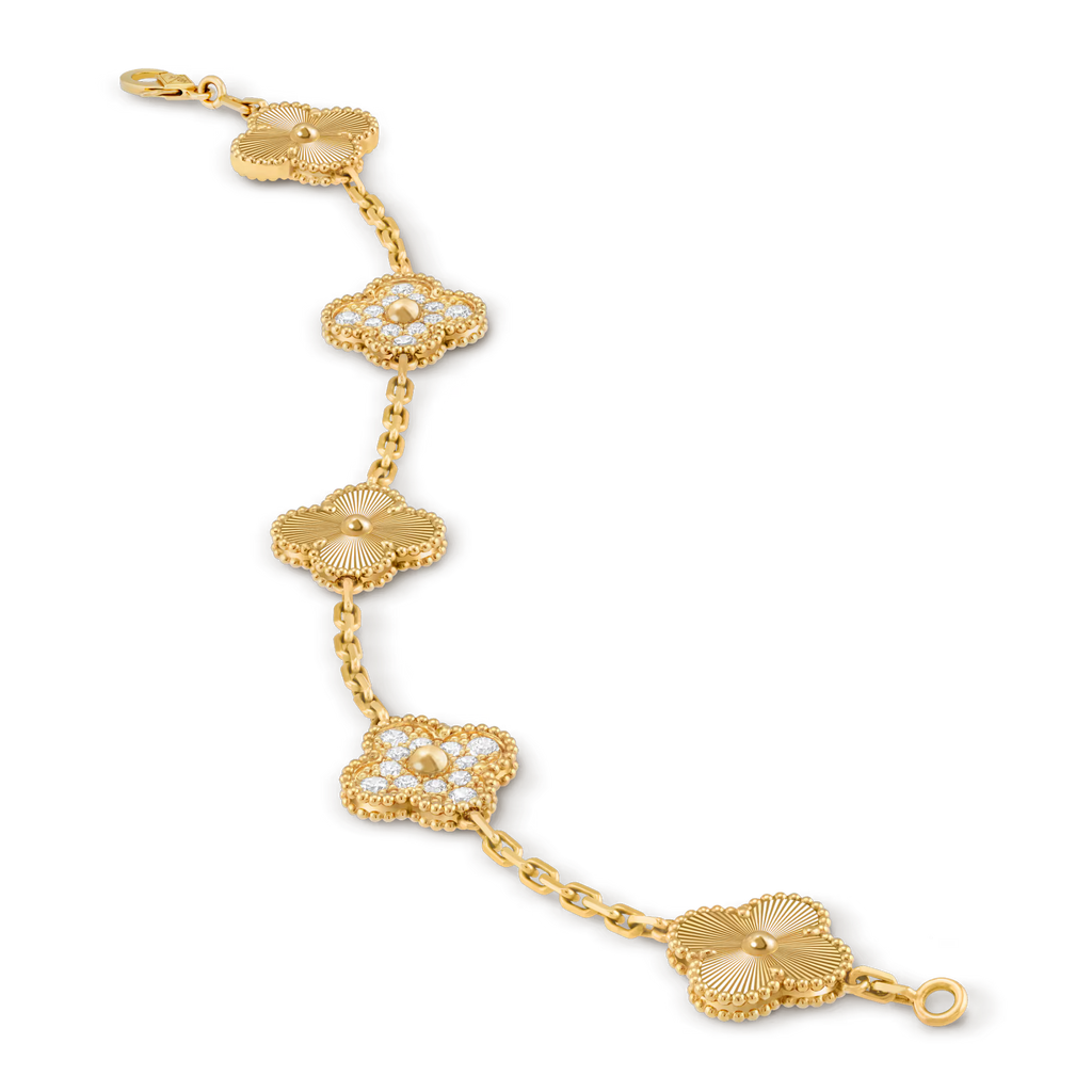Vintage Alhambra bracelet, 5 motifs, guilloché, round diamonds