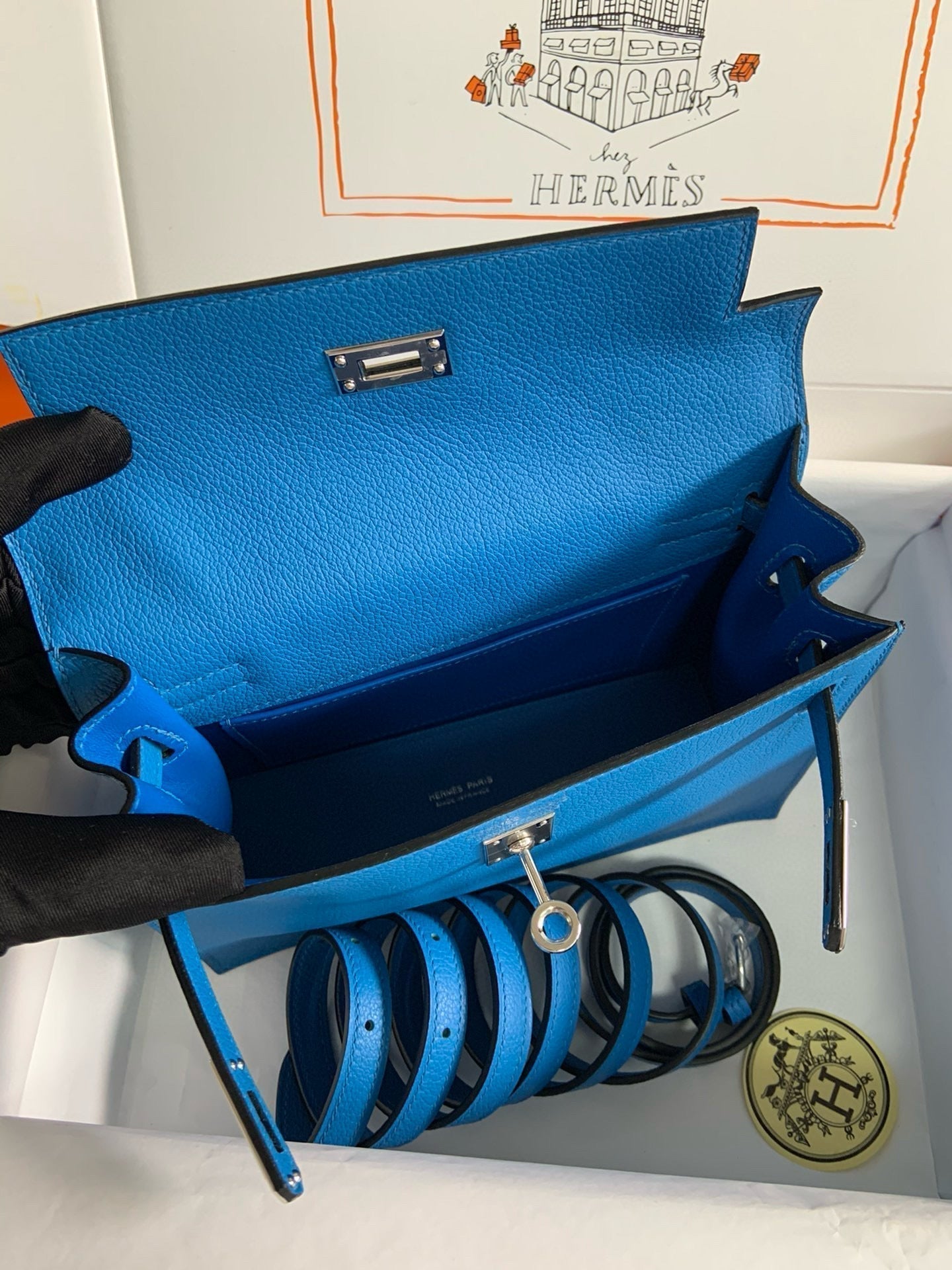 HERMES KELLY DANSE 22 EVERCOLOR BLUE IN CALFSKIN SLIVER HARDWARE
