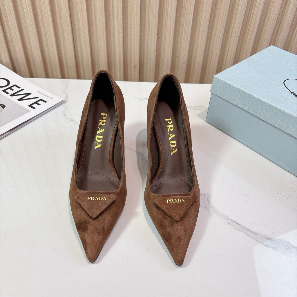Prada Pointed Toe Pumps 7cm Heel Triangle Logo Dark Brown Suede