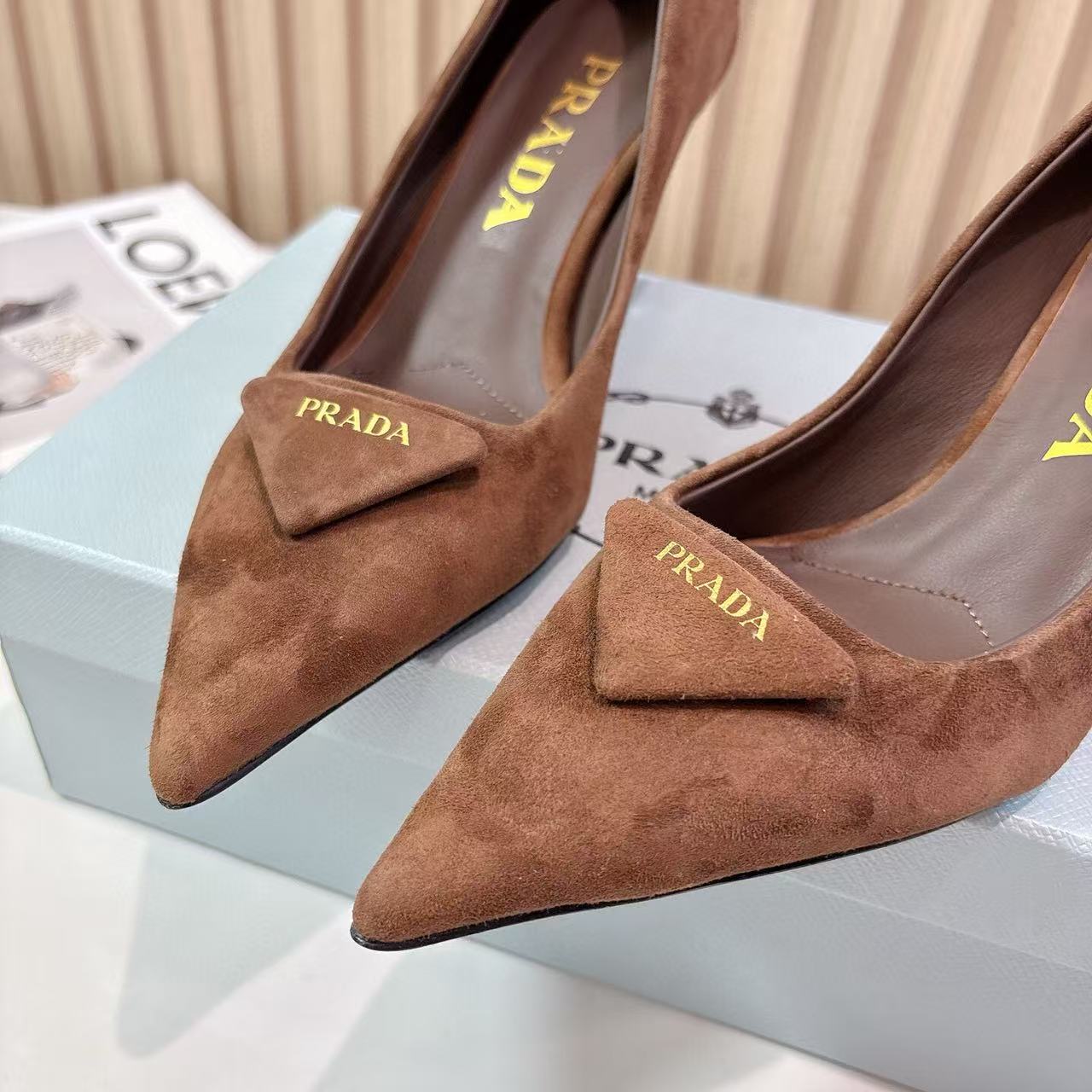 Prada Pointed Toe Pumps 7cm Heel Triangle Logo Dark Brown Suede