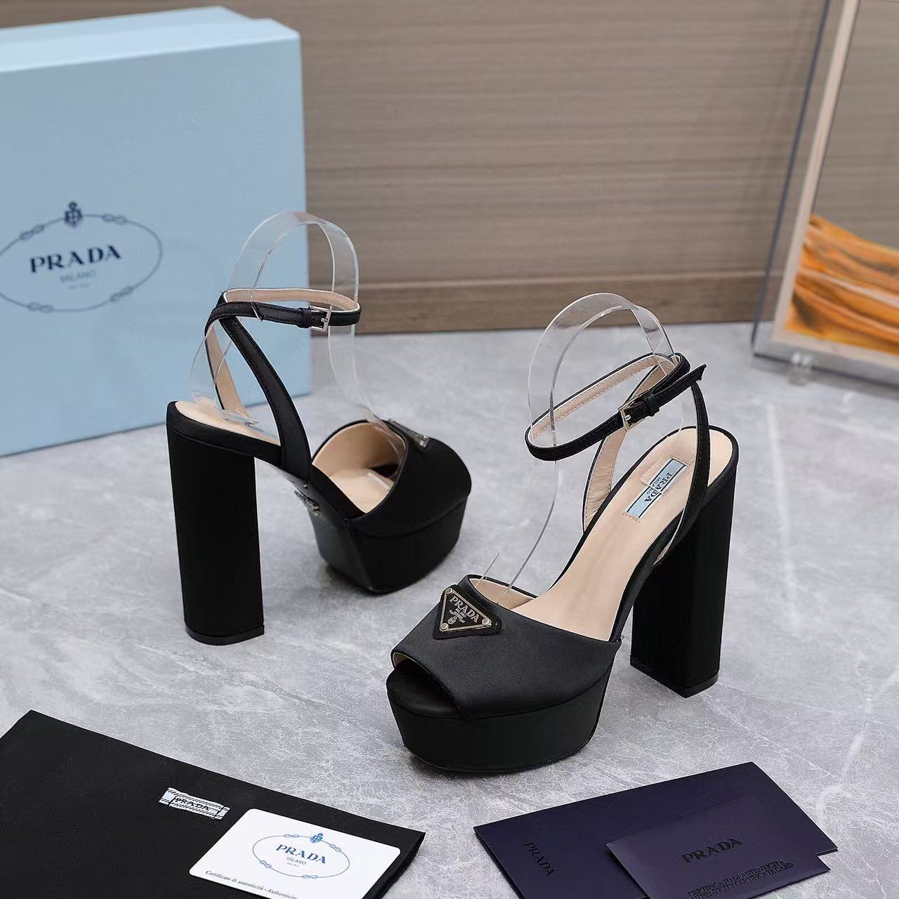 Prada Platform Slingback Sandals 15cm High Heel Black Cowhide