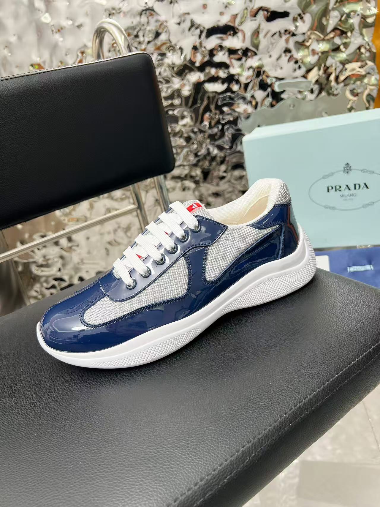 Prada America's Cup Sneaker Dark Blue Patent Leather Mesh