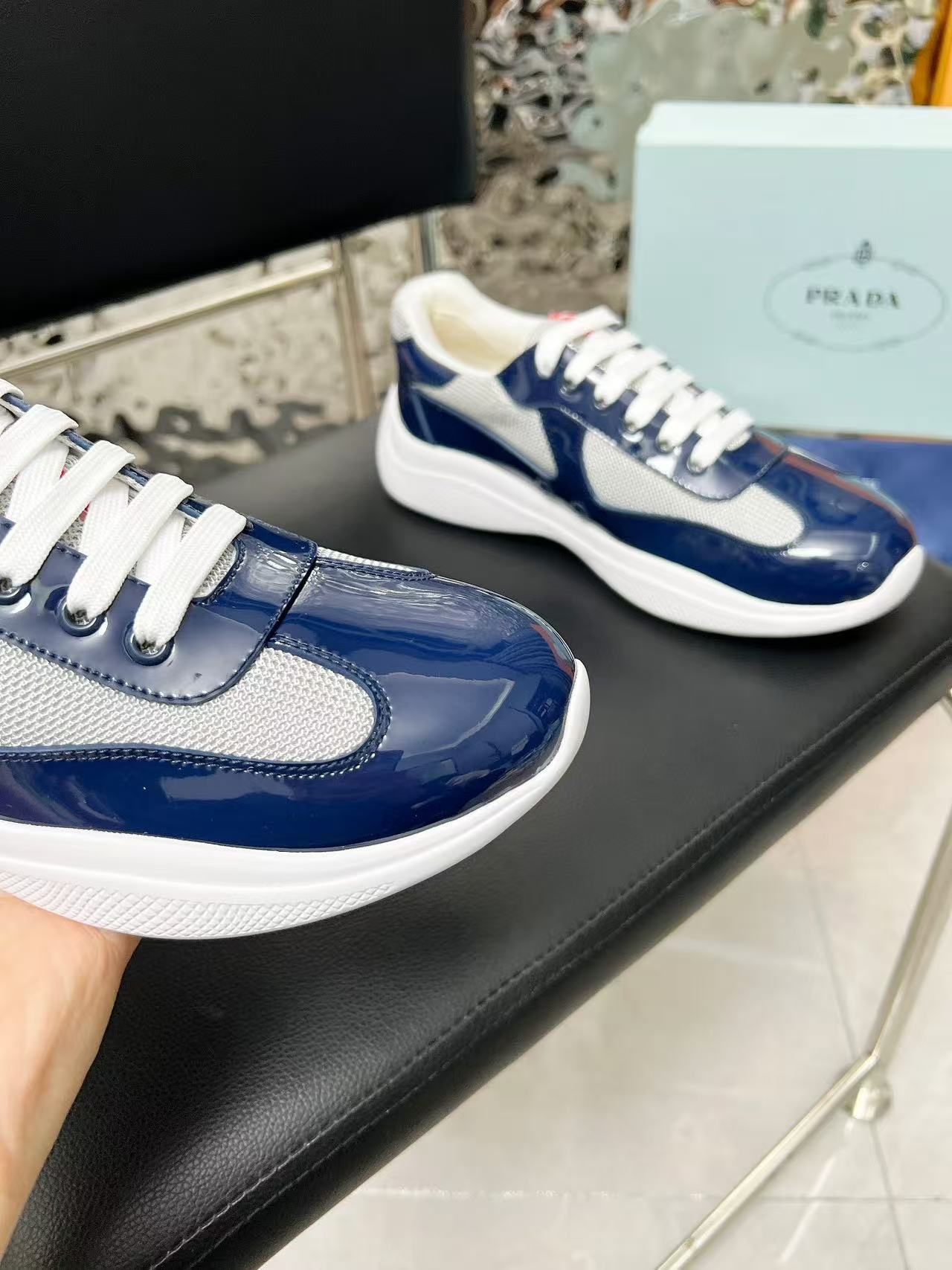 Prada America's Cup Sneaker Dark Blue Patent Leather Mesh