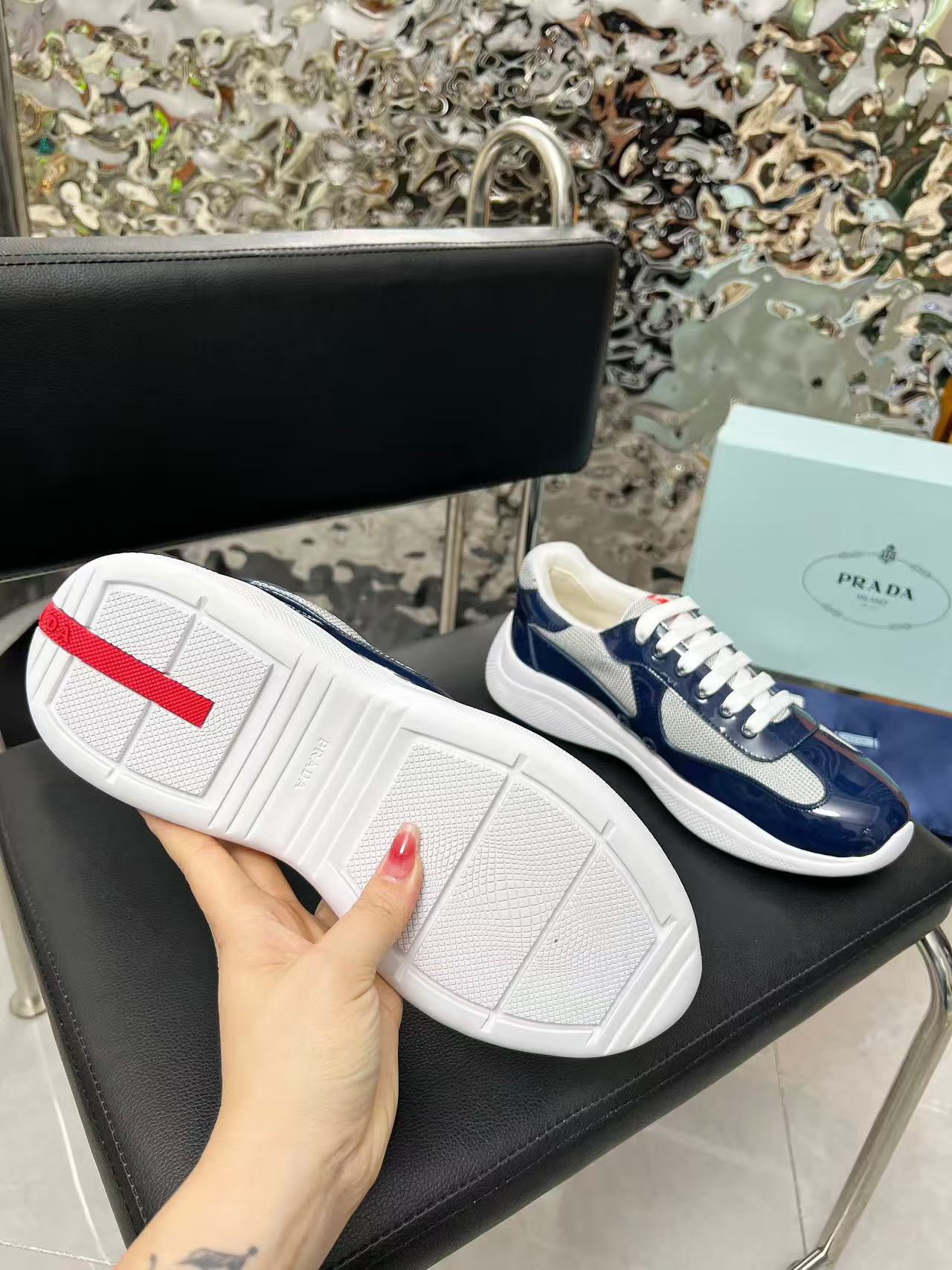 Prada America's Cup Sneaker Dark Blue Patent Leather Mesh
