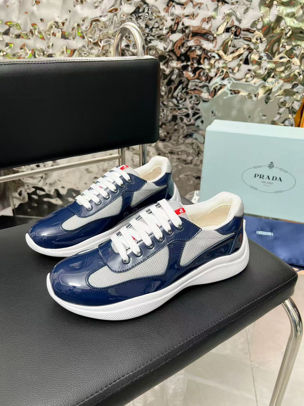 Prada America's Cup Sneaker Dark Blue Patent Leather Mesh
