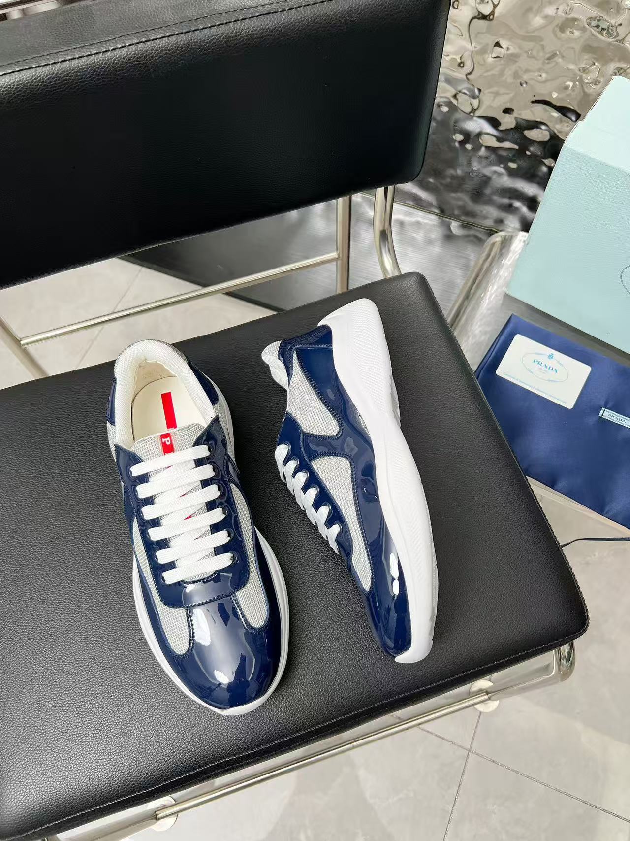 Prada America's Cup Sneaker Dark Blue Patent Leather Mesh