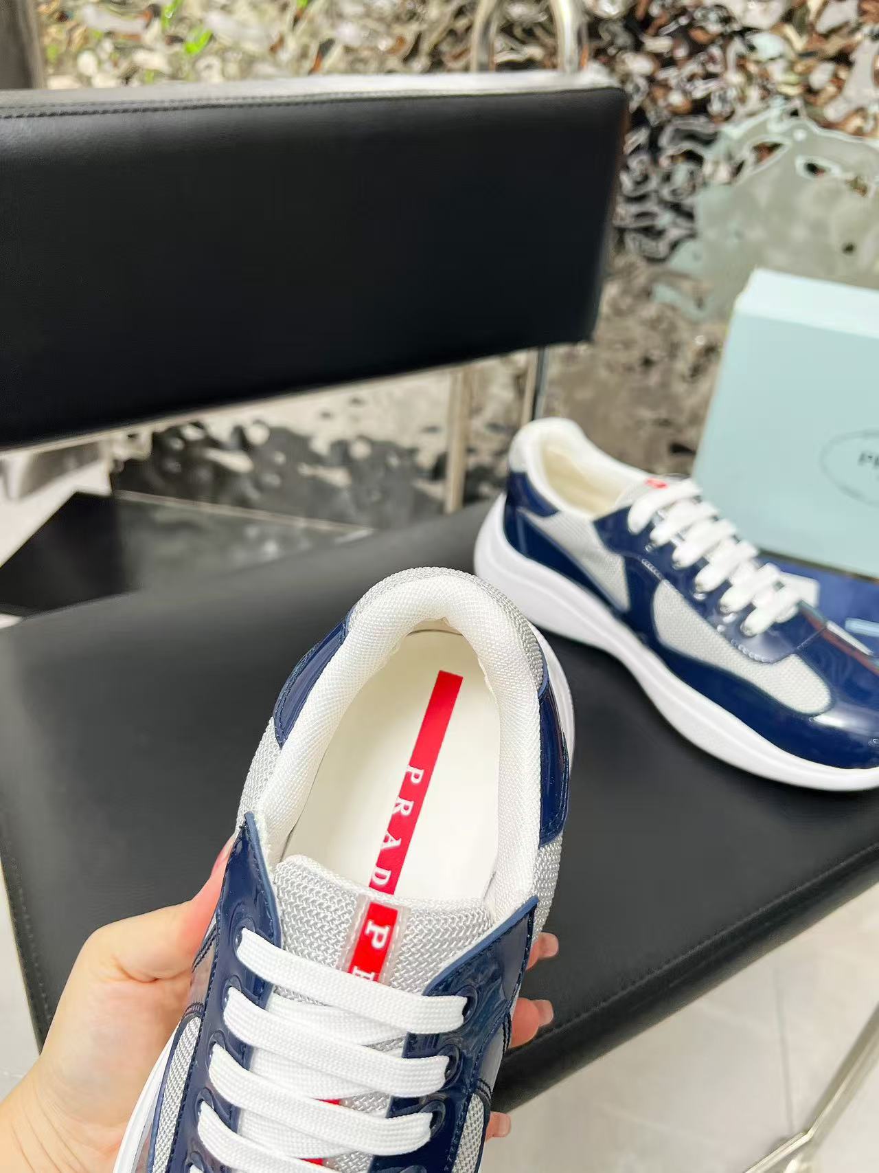 Prada America's Cup Sneaker Dark Blue Patent Leather Mesh