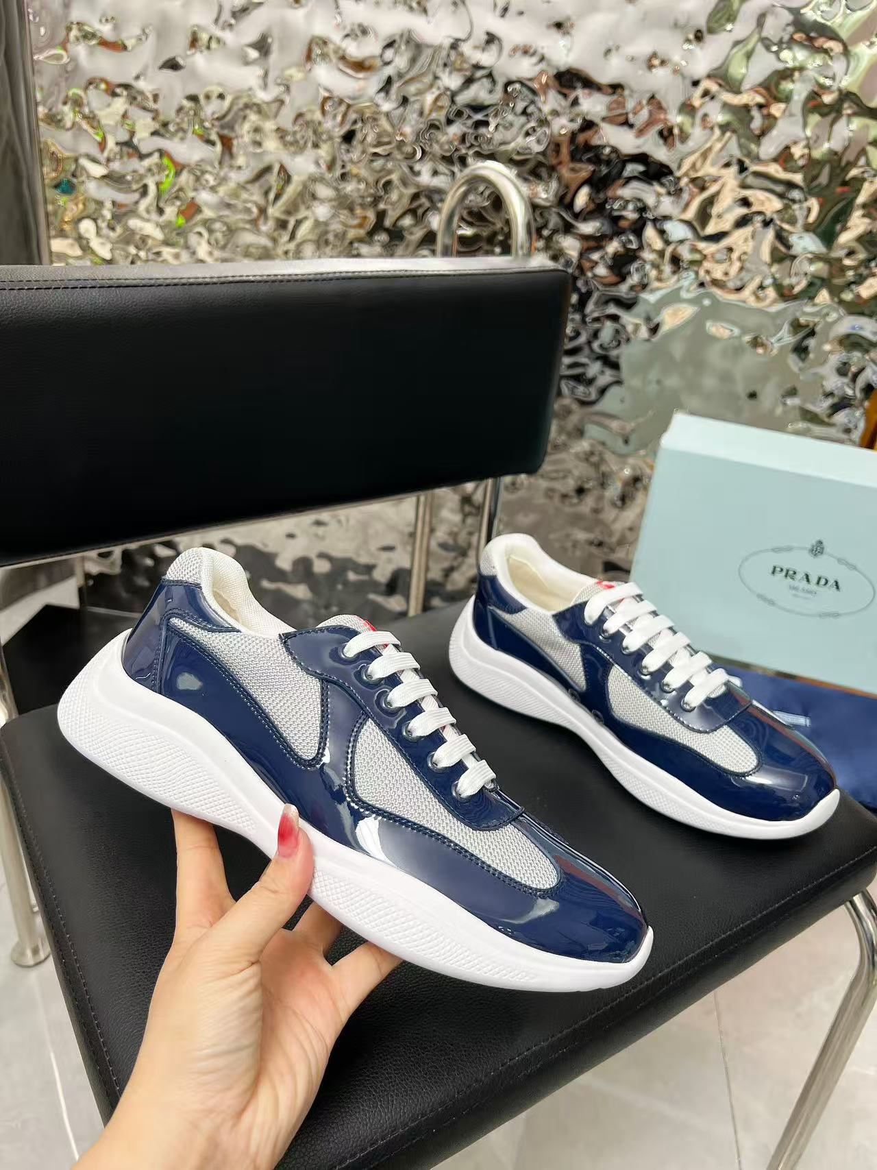 Prada America's Cup Sneaker Dark Blue Patent Leather Mesh