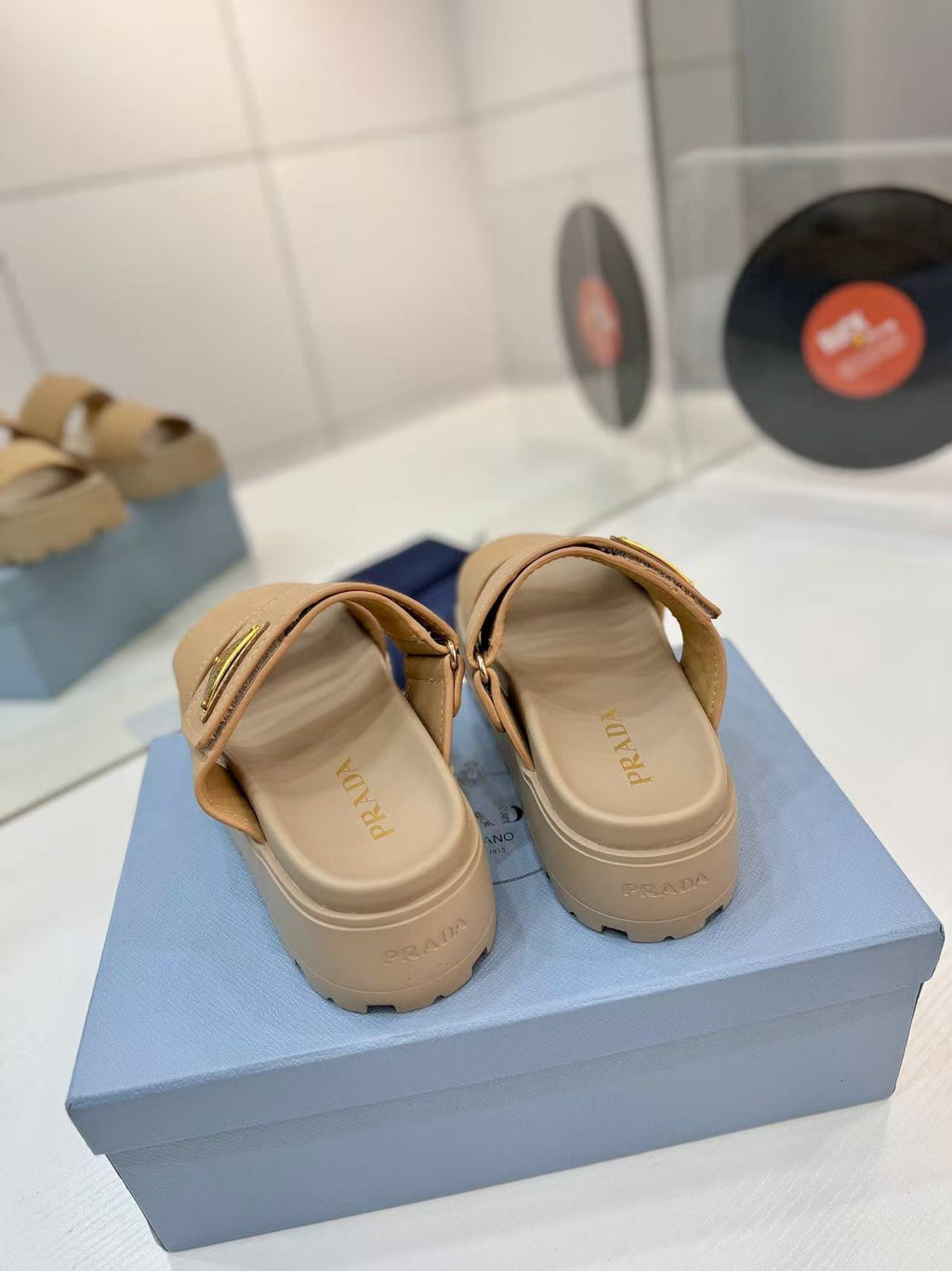 Pra Double-Strap Platform Slides Beige Cowhide Leather