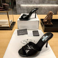 Prad 26s Open Toe Mules 100mm In Black Patent Calfskin With Logo