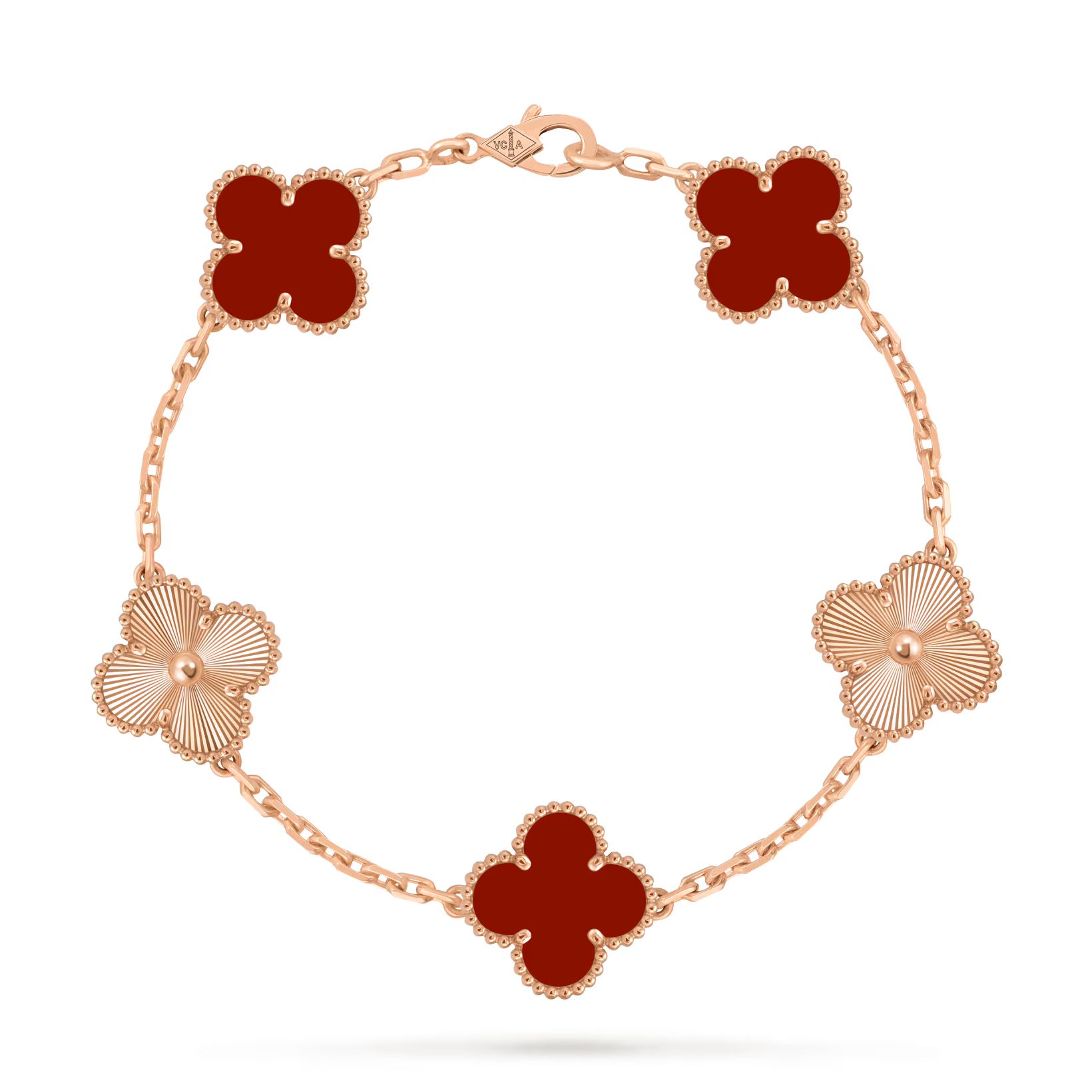Vintage Alhambra bracelet, 5 motifs, guilloché, carnelian