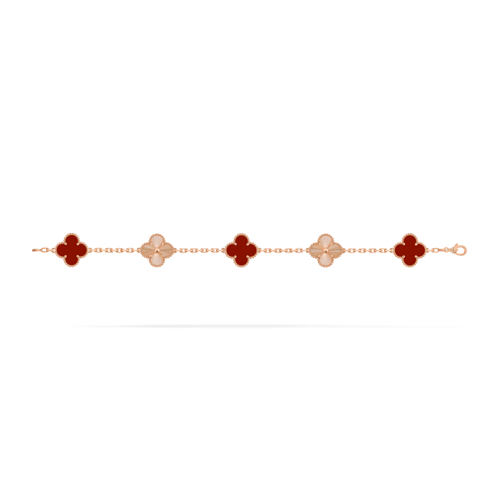 Vintage Alhambra bracelet, 5 motifs, guilloché, carnelian