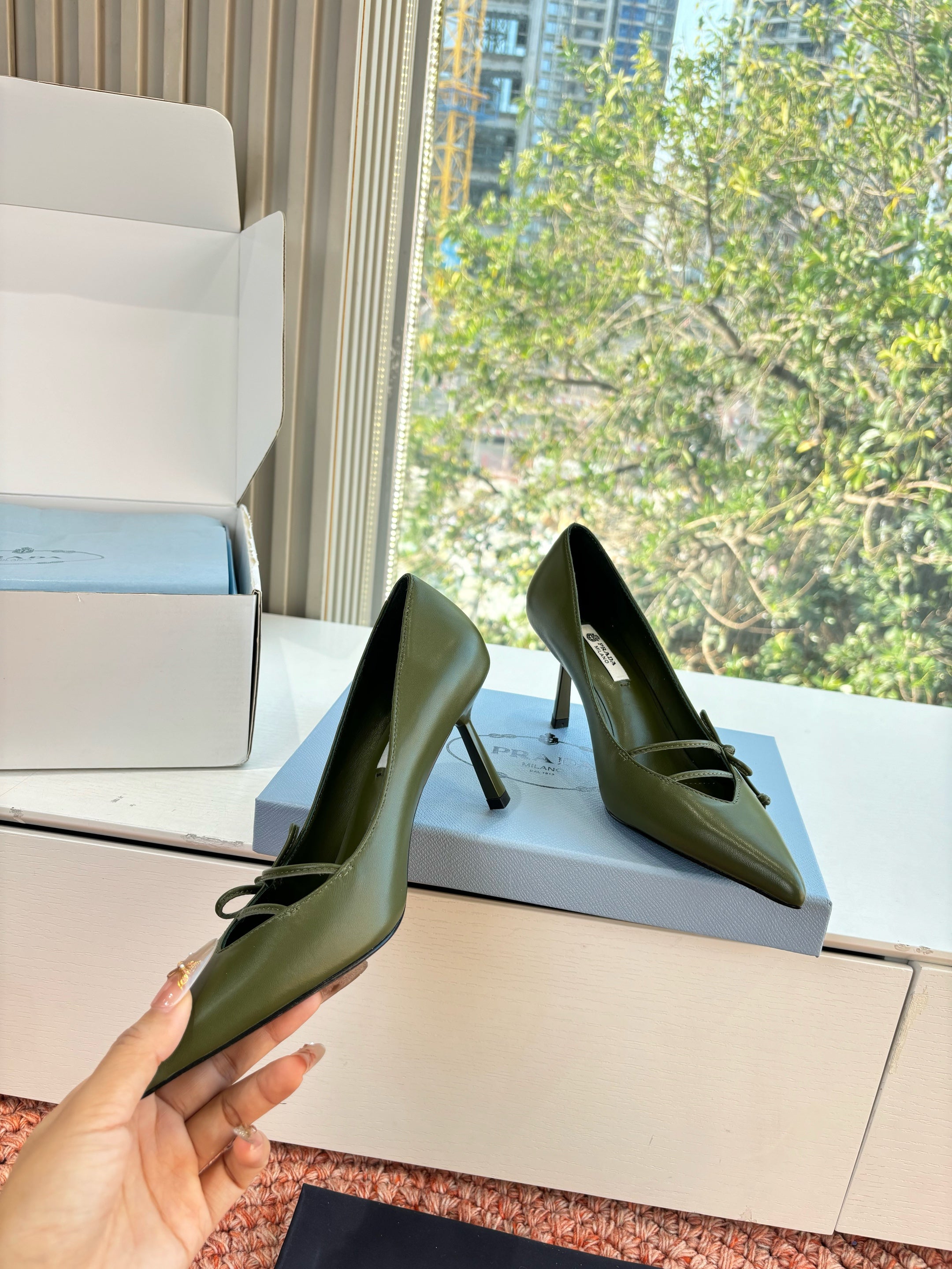 Prada G887 26s Slingback Olive Green Cowhide 604196