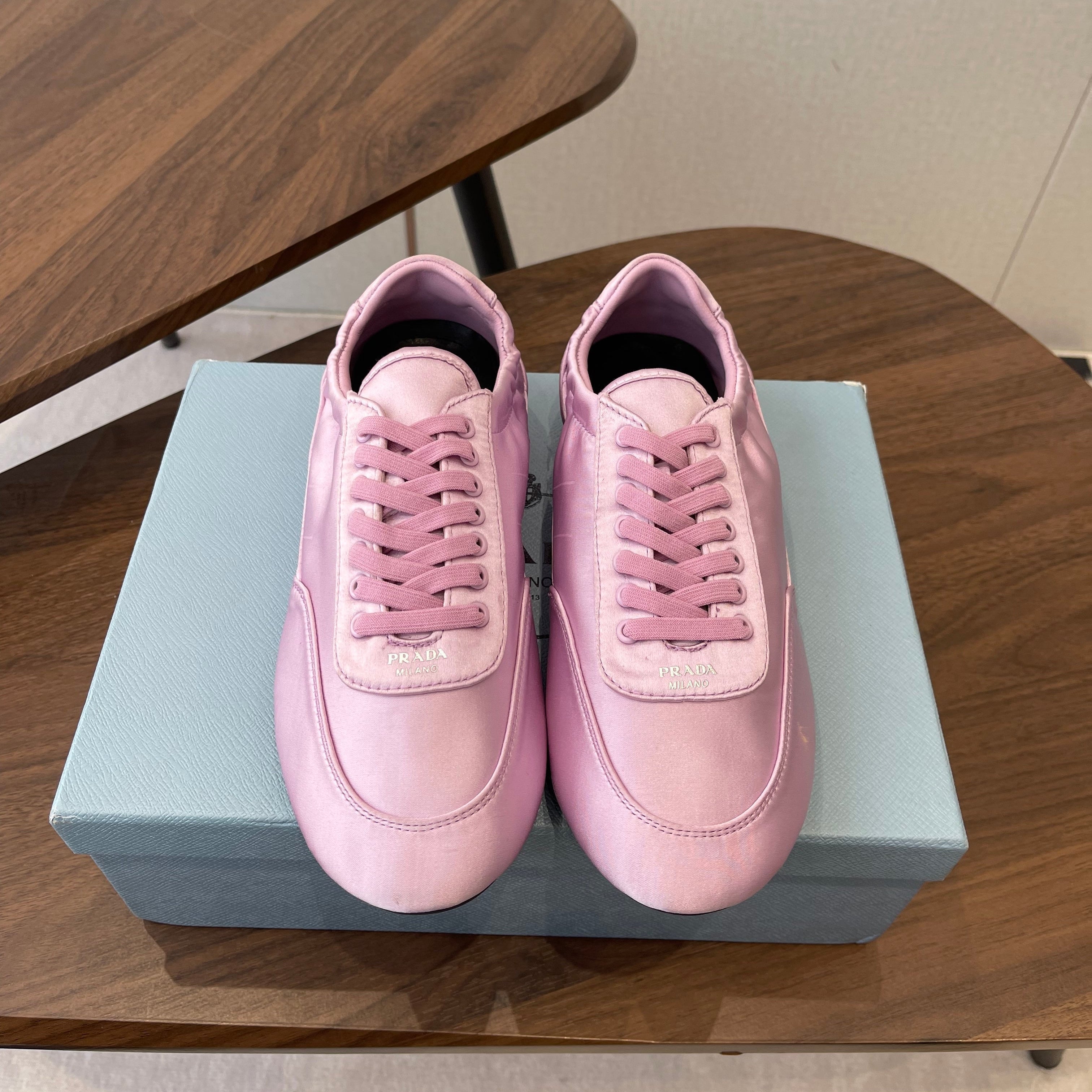Prada Collapse Laced Sneakers Pink Satin 624377
