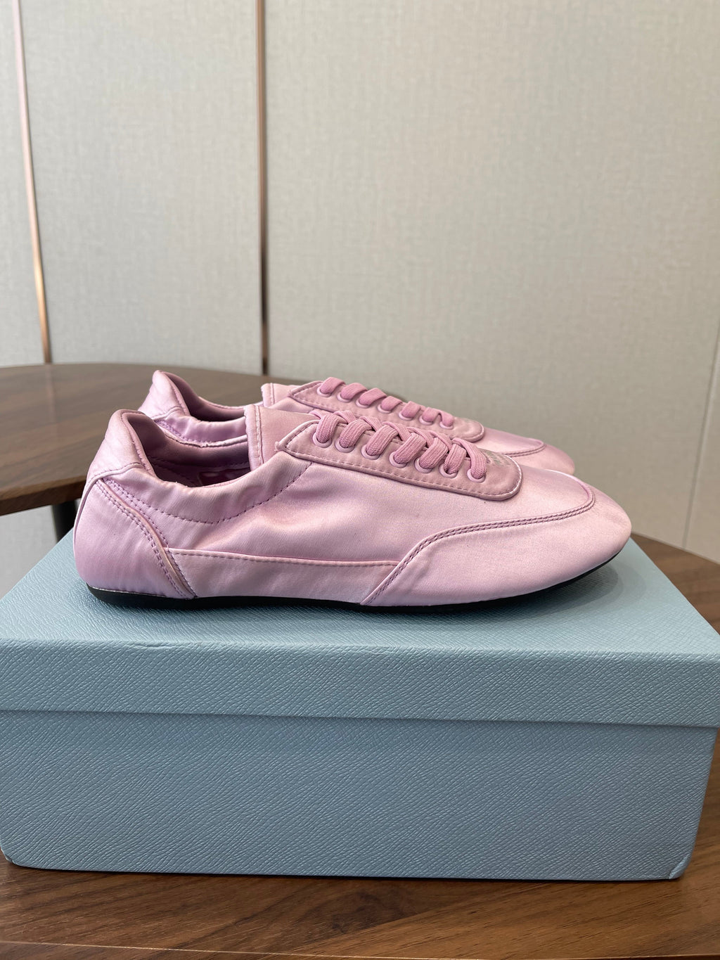Prada Collapse Laced Sneakers Pink Satin 624377