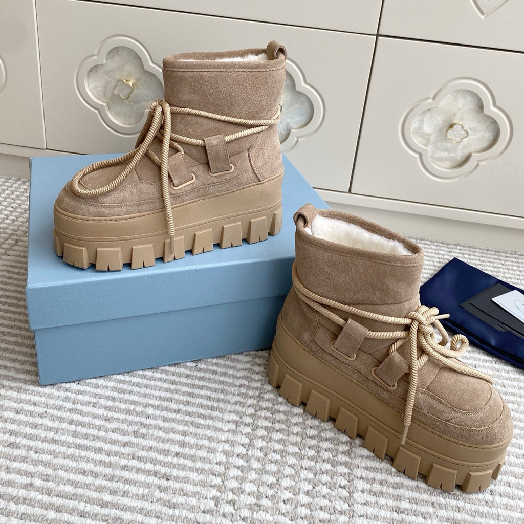 Prada 25 Shearling Apres-ski Boots Beige Suede Calfskin