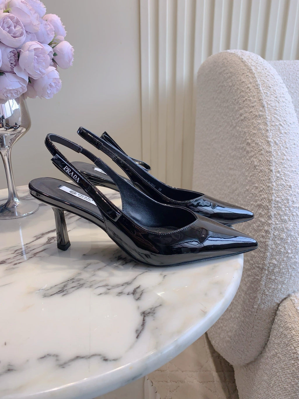 Prada 26s Open-Back High Heels Black Patent Leather 615386