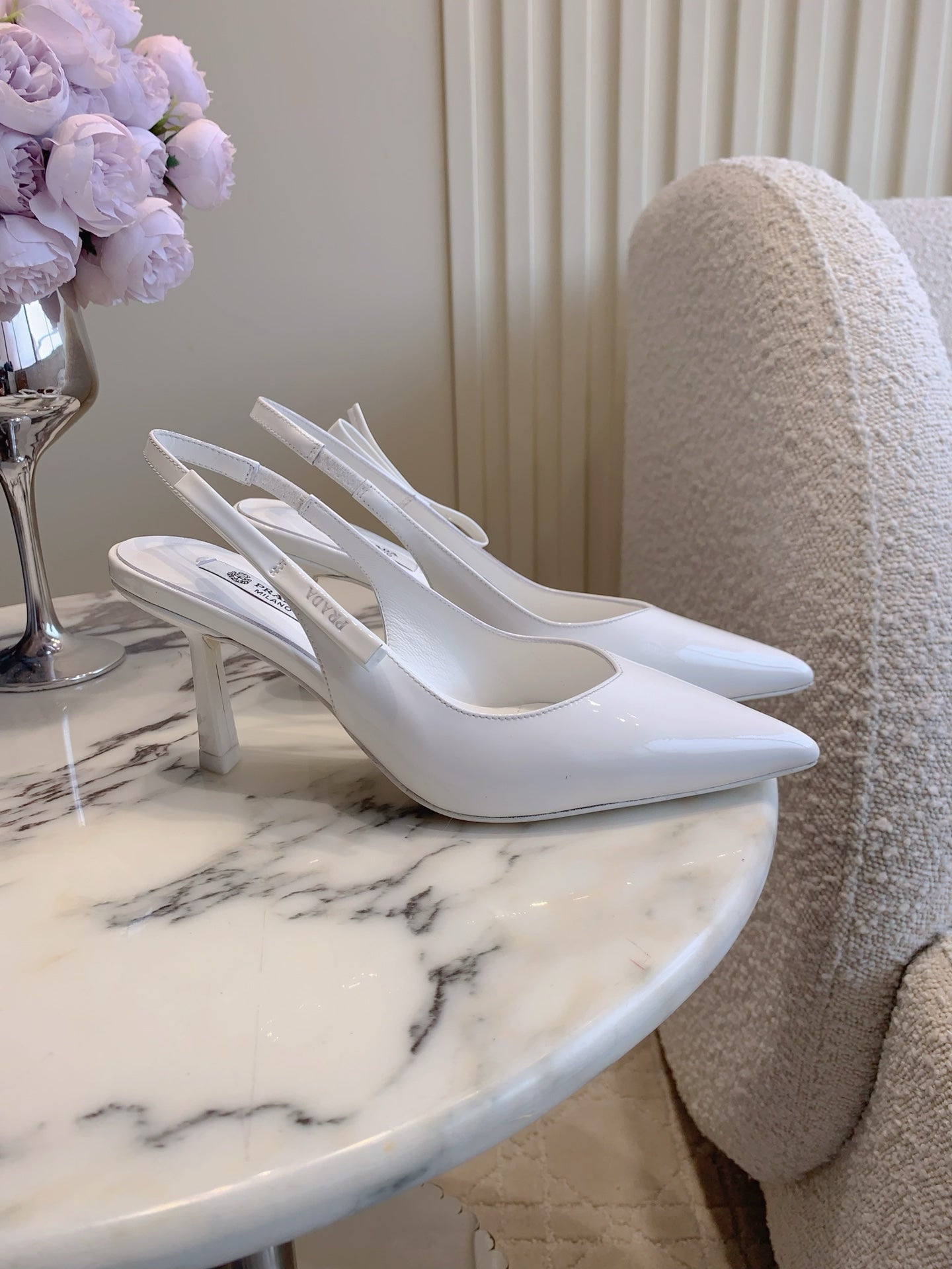 Prada 26s Open-Back High Heels White Patent Leather 615388