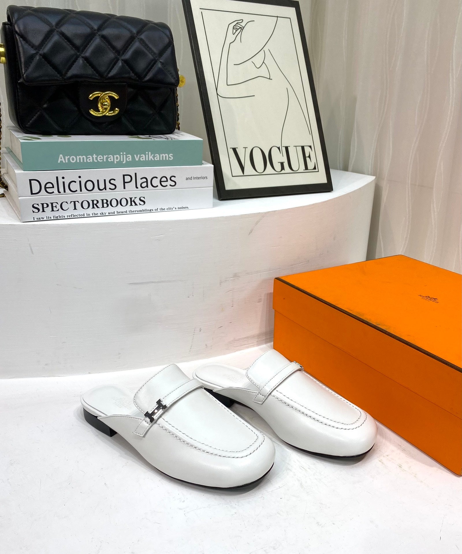 HERMES IENA MULE WHITE CALFSKIN