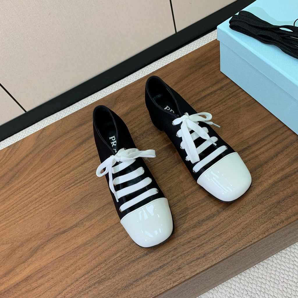 Prada 25s Mary Jane Shoes 55mm Black Satin White Patent Leather