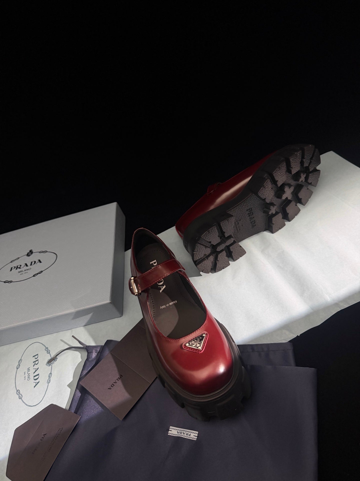 Prada Brushed Monolith Mary Janes Loafer Burgundy Leather 606061